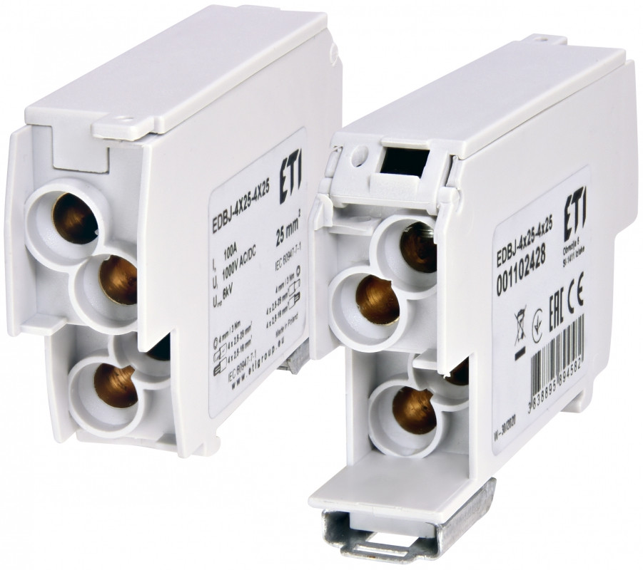 Розподільчий блок ETI EDBJ-4x25-4x25 100A, 1000V AC, сірий, 8 клем.