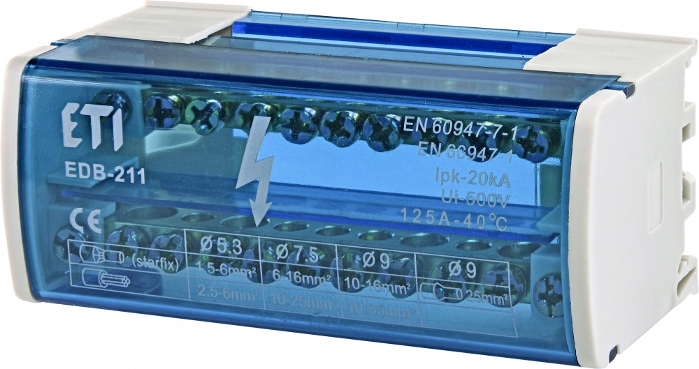 Розподільний блок EDB-211 ETI, 2 полюси, 125A, 20кА, сірий
