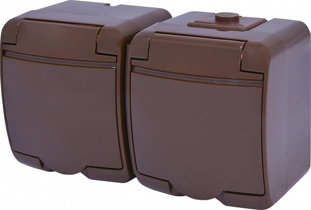 Пиловологозахищена розетка Schuko RHE-2s-KR, подвійна, коричнева, IP54, фото 1