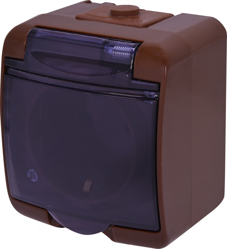 Розетка Schuko RHE-1SD-KR з заземленням, IP54, коричнева з прозорою кришкою