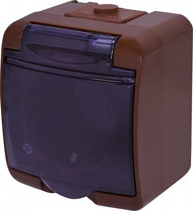 Розетка Schuko RHE-1SD-KR з заземленням, IP54, коричнева з прозорою кришкою, фото 1