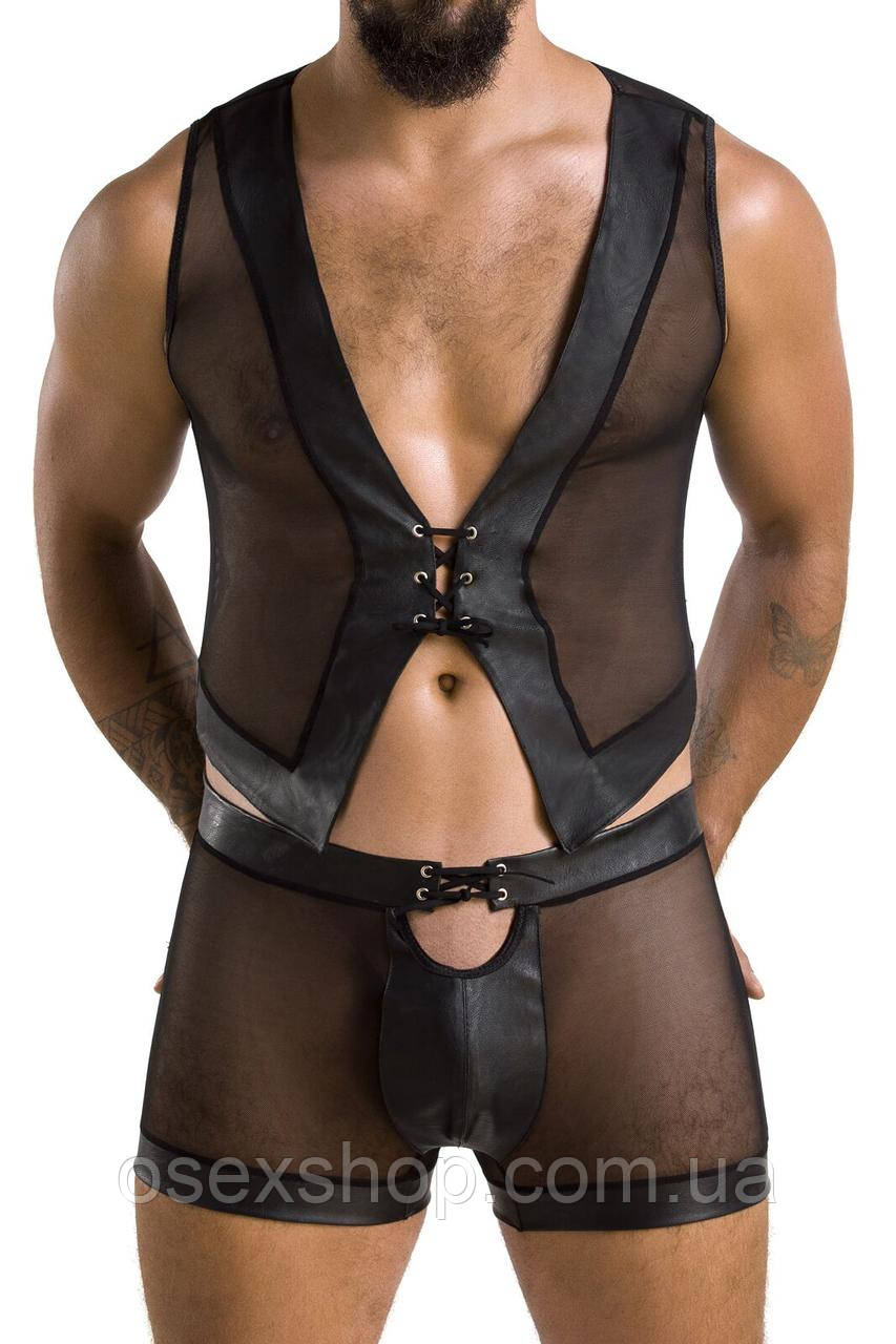 Комплект чоловічої білизни на шнурівці Passion 053 SET WILLIAM L/XL Black, жилет, боксери, фото 1