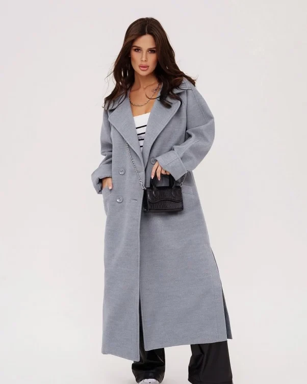 Длинное женское пальто серого цвета 2XL - фото 1 - id-p2070554422