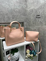 Пудра -  елегантний стильний зручний комплект сумка + клатч (2505)