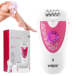 Епілятор акумуляторний з насадками пінцетний VGR V-722 Рожевий / Бездротовий епілятор / Епілятор-бритва
