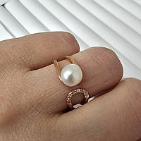 Серебряное кольцо с позолотой и белой жемчужиной незамкнутое