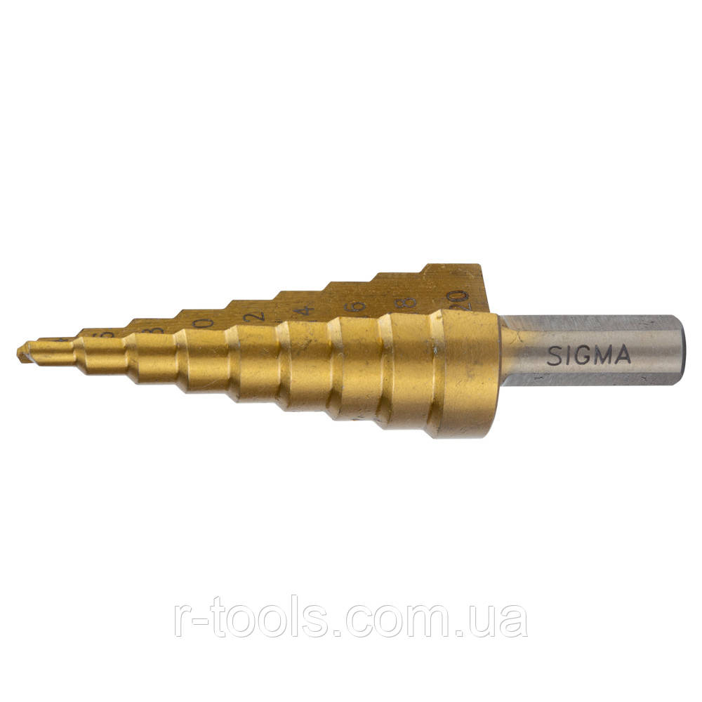 Свердло для металу ступеневе HSS-TIN титанове з прямою канавкою Ø 4-12 мм крок 2 мм блістер Sigma 1186041