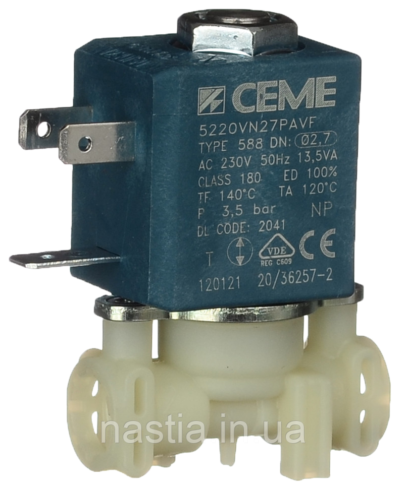 5213222041 Електроклапан гарячої води(ECAM), 230V, 3,5 bar, 5220VN27PAVF на 2 входи, DeLonghi
