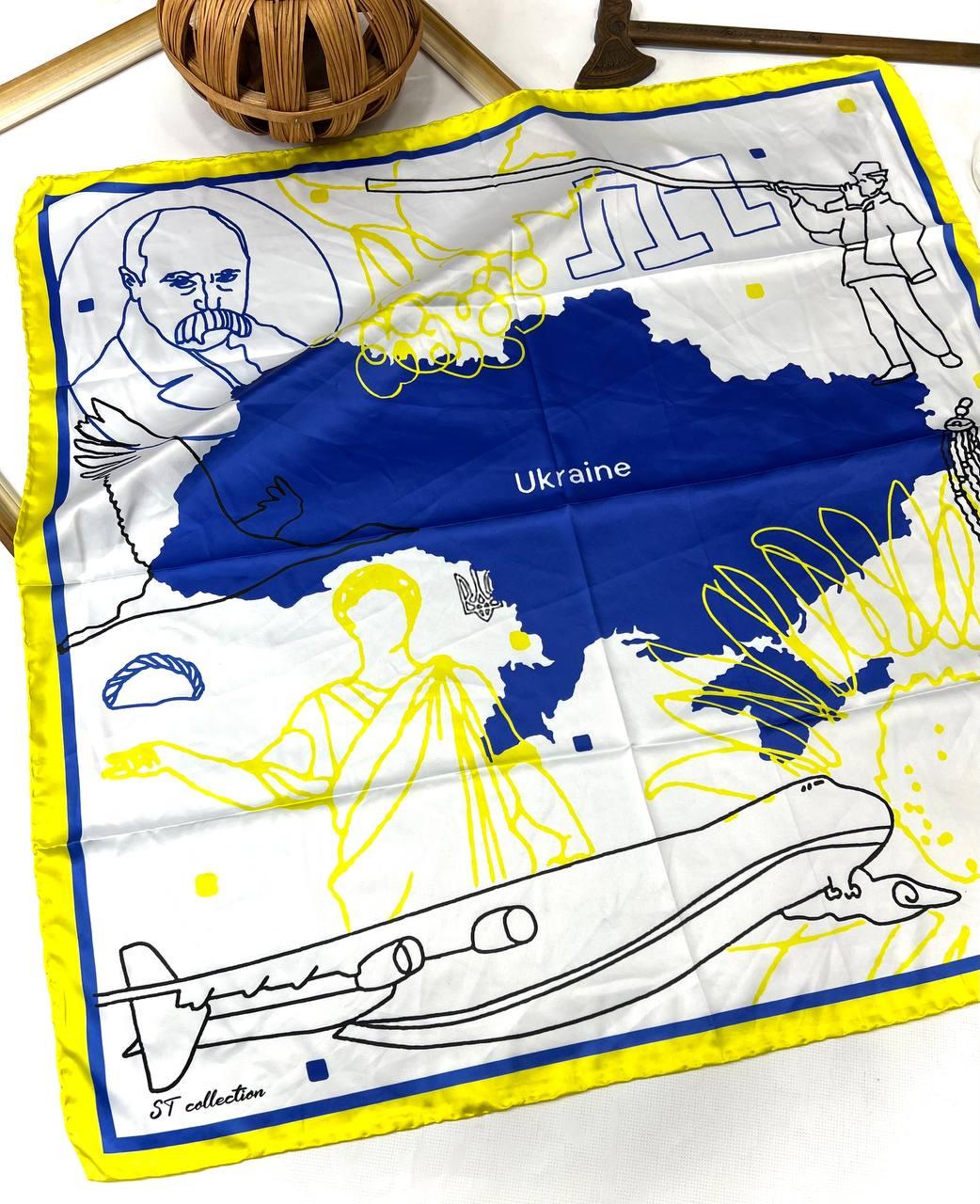 Шовкова патріотична хустка Україна 90*90 см біла з синьо-жовтим ручна обробка краю