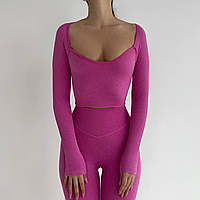Женский спортивный костюм в рубчик для йоги и фитнеса бесшовный розовый, рашгард и лосины с эффектом пуш ап