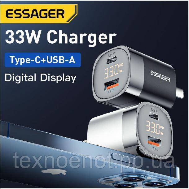 Дорожній блок живлення для смартфона планшета ноутбука Essager 33W GaN III PD USB-C+USB- зарядка блок живлення