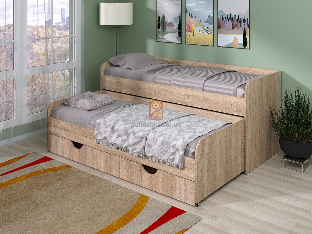 Дитяче ліжко IdealMebel Соня-5, ліжко з висувним спальним місцем і ящиками, ліжко-трансформер