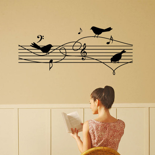 Пташки-нотки, вінілова наклейка (ноти, нотний стан, музика, Скрипковий ключ)