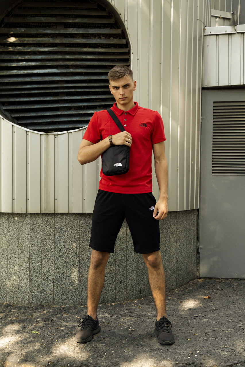 Чоловічий літній костюм The North Face Футболка поло + Шорти + Барсетка в подарунок червоний комплект Зе Норд Фейс