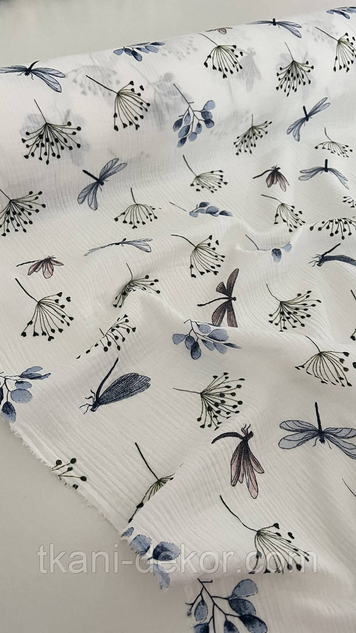 Муслін (жатка 1,35 м) кульбаби та стрекози на білому(0,40*135), фото 1