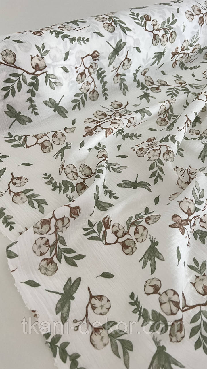 Муслін (жатка 1,35 м) гілочки бавовни на молочному, фото 1