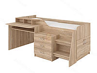 Кровать IdealMebel Спейс, кровать с комодом, столом и тумбой с выдвижными ящиками, двухъярусная кровать Дуб