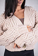 Женская укороченная кофта кардиган с пуговицами крупной вязки шерстяная кофта бежевая one size оверсайз