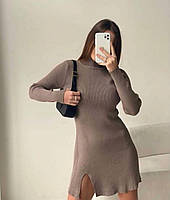Женское платье с разрезом на бедре плотный рубчик Турция Арт. 1386А300 Мокко