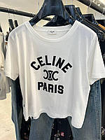 Женская текстильная белая футболка Celine Paris с черным логотипом Селин