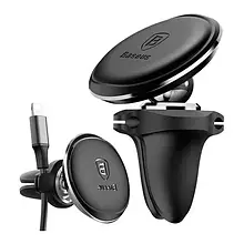 Тримач в авто Baseus Magnetic Air Vent Car Mount Holder with cable clip Black магнітний