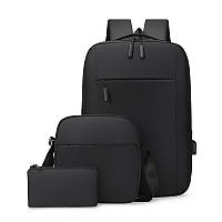 Рюкзак городской повседневный для ноутбука usb, барсетка, кошелек, набор 3в1 Черный ( код: IBR195B )