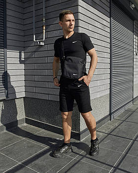 Чоловічий літній костюм Nike Футболка + Шорти + Барсетка в подарунок чорний комплект Найк
