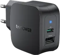 Мережевий зарядний пристрій RavPower Charger 30 W PD USB-C+USB-A Black