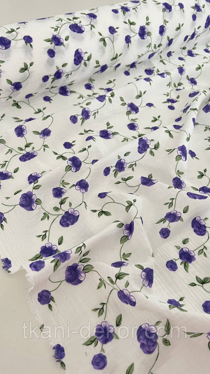 Муслін (жатка 1,35 м)  фіолетові квіти на білому(0,30*135), фото 1