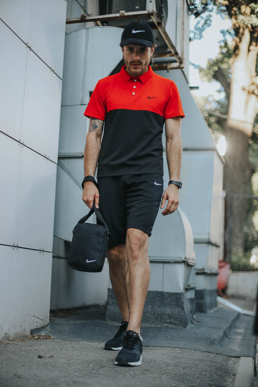 Чоловічий літній костюм Nike Футболка Поло + Шорти + Барсетка + Кепка в подарунок червоний із чорним комплект Найк