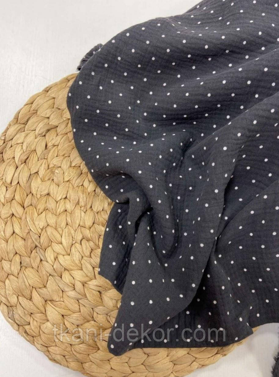 Муслін (жатка 1,35 м) білий горошек на чорному, фото 1