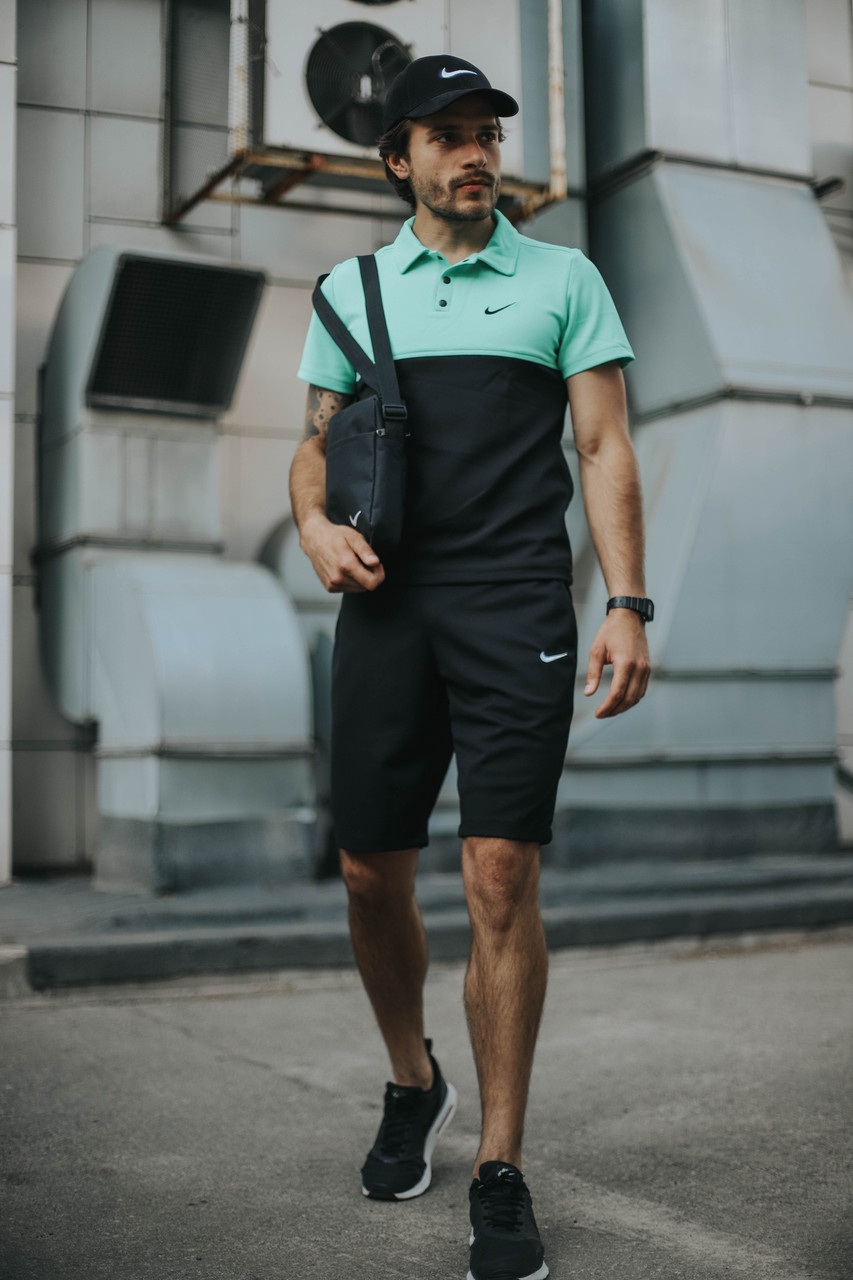 Чоловічий літній костюм Nike Футболка Поло + Шорти + Барсетка + Кепка в подарунок бірюзовий із чорним комплект Найк