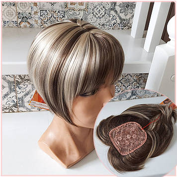 Накладка на маківку з термоволосся з проділом і чубчиком на затискачах платіново-русявий мікс TR-FP12-L12/26