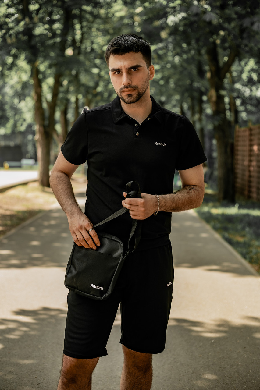 Чоловічий літній костюм Reebok Футболка Поло + Шорти + Барсетка в подарунок чорний комплект Рибок
