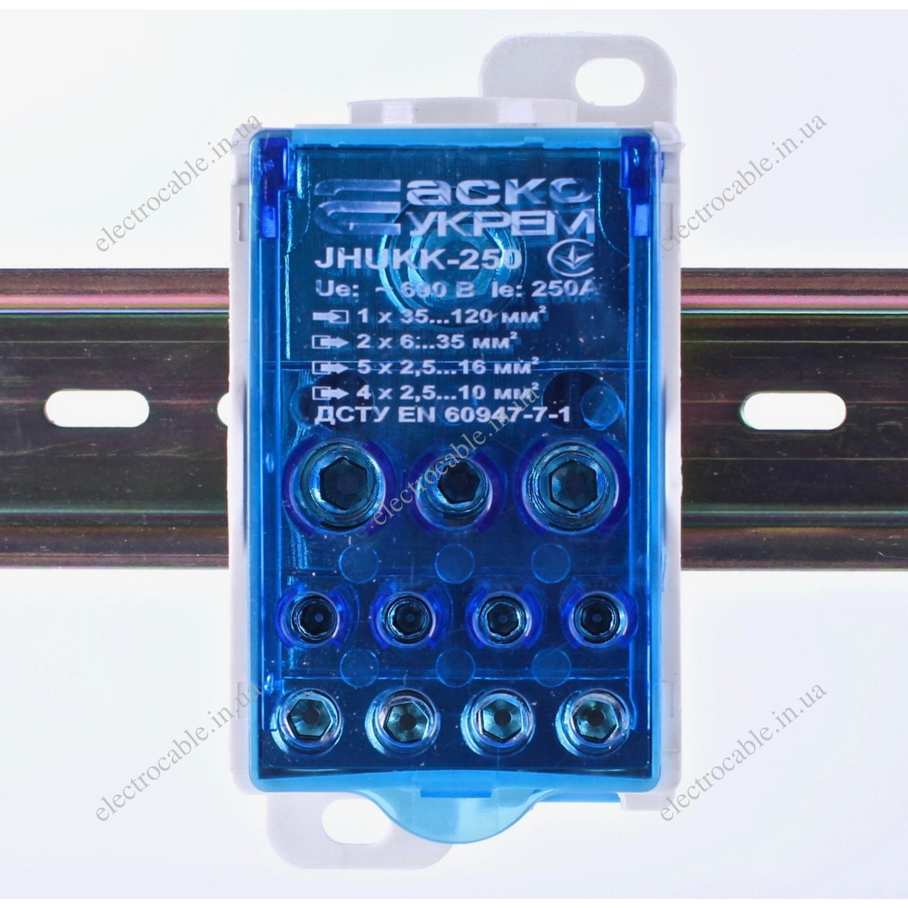 JHUKK-250, Розподільний блок на DIN-рейку, 250А (вхід 1х35-120 мм2/вихід 2х6-35, 5х2.5-16, 4х2.5-10 мм2), фото 1
