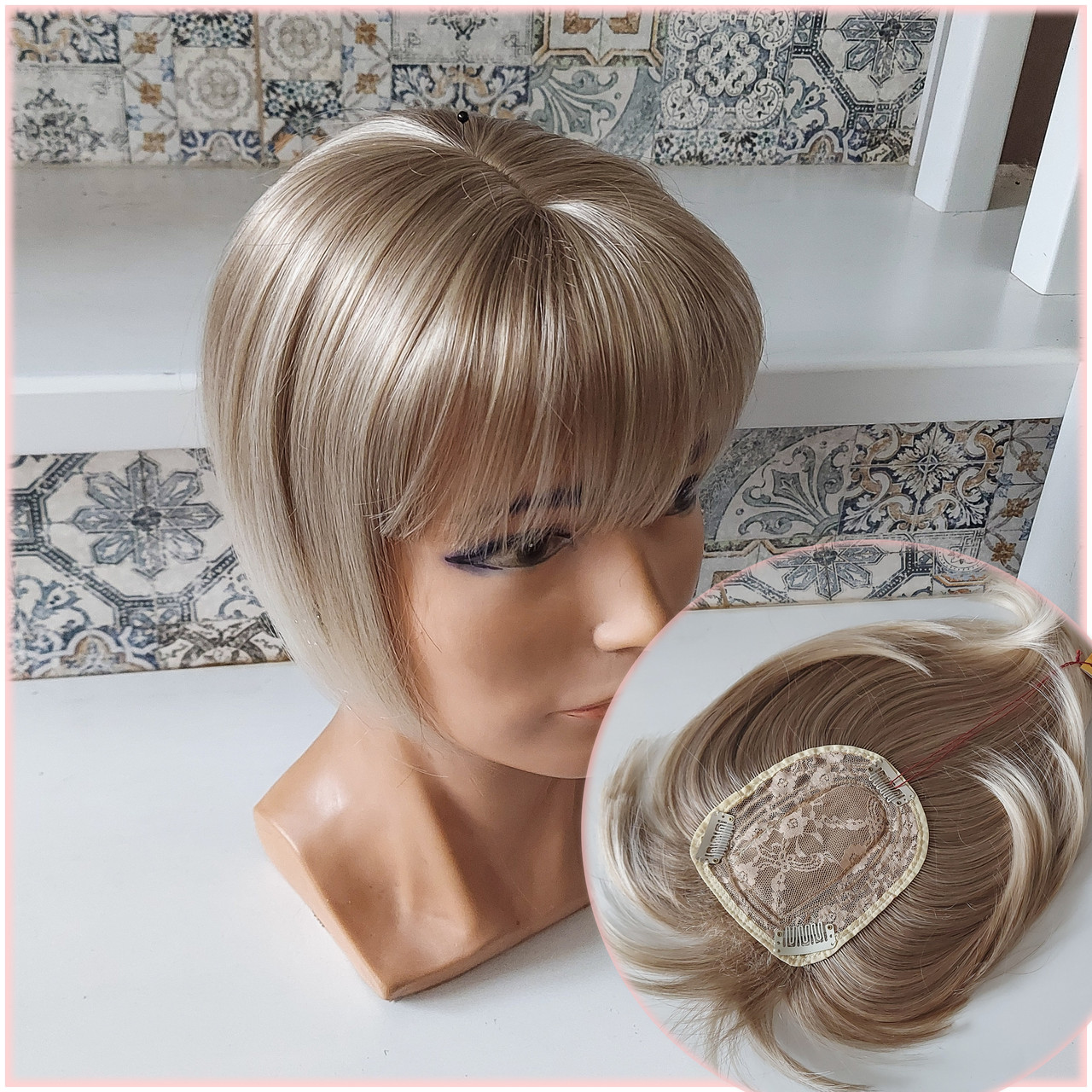 Накладка на маківку з термоволосся з проділом і чубчиком на затискачах платіновій блонд TR-FP12-15ВТ613, фото 1