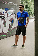 Мужской летний костюм Reebok Футболка Поло + Шорты + Барсетка в подарок синий с черным комплект Рибок