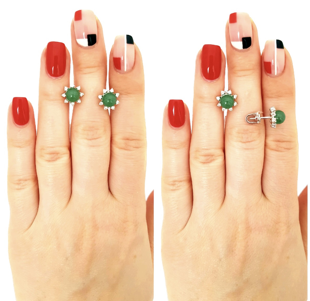 Срібні сережки-пусети з натуральним нефритом і кубічним цирконієм, покриті родієм — елегантна гармонія природи та блиску 🌿✨, фото 1