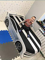 Детская кровать машина BMW/ БМВ белая с матрасом Спорт в цвет кровати