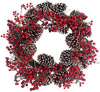 Новорічний декоративний вінок із червоних ягід із шишками Ø60 см
