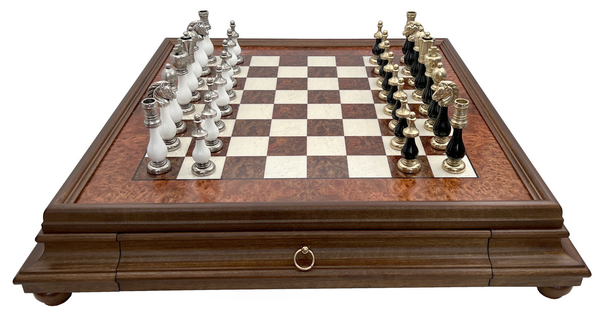 Шахова дошка з висувним ящиком та традиційними фігурами "Staunton" від італійського бренду Italfama, фото 1