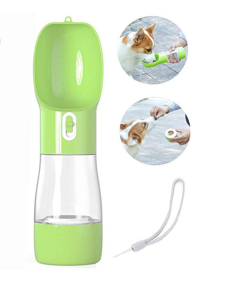 Пляшка для собак для подорожей та прогулянок подвійна - для води та корму Зелена