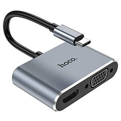USB хаб конвертер перехідник Type-C на HDMI + VGA + USB 3.0 + Type-C HOCO multi-function converter. Grey