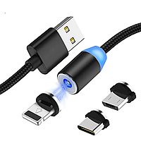 Магнитный кабель для зарядки 3в1 (Type-C, Micro USB, Lighting) с LED подсветкой M3, Черный / USB шнур для телефона