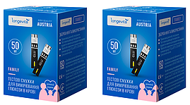 Глюкометр LONGEVITA Family Тестові смужки для вимір. глюкози в крові 100шт.(2*50шт/уп.)