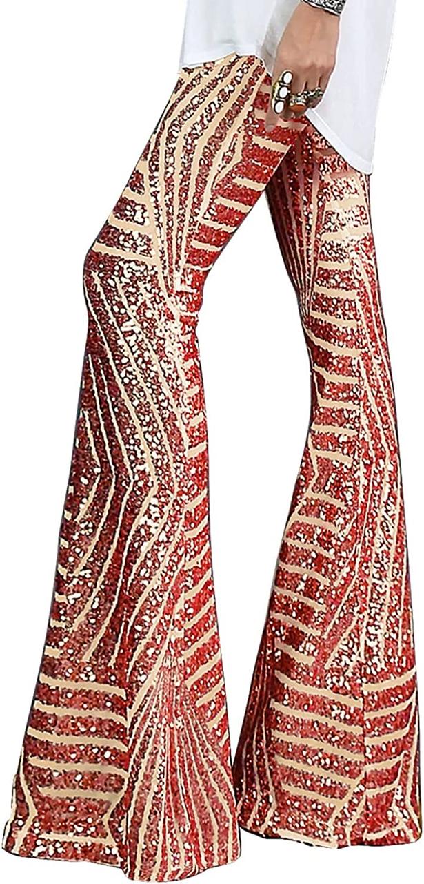 Red Small Жіночі брюки з паєтками BLENCOT Блискітні широкі брюки-палаццо із завищеною талією Штани-кльош