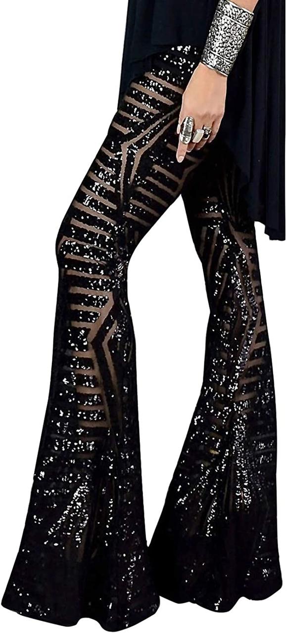 Black X-Large Жіночі брюки з паєтками BLENCOT Блискітні широкі брюки-палаццо із завищеною талією Штани-кл