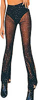 Black Large Женские Rave Sheer Mesh Sparkly Pants Расклешенная низ Rave Outfit Одежда для фестиваля Танце