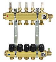 Латунный коллектор на 5 контуров AFRISO соед. 1" для теплого пола с расходомерами (гребенка) 9051500