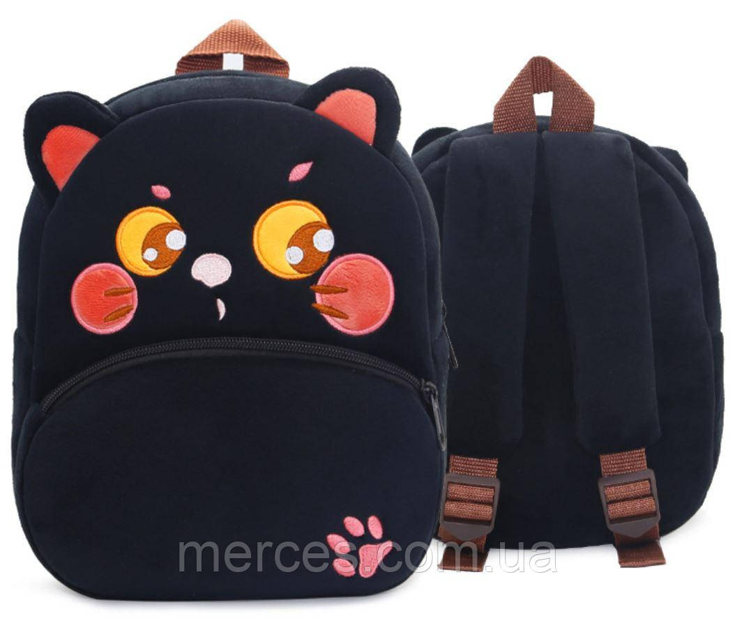 Дитячий рюкзак для улюблених малюків "Кішечка" чорний дошкільний маленький для дівчинки велюр для садка, фото 1